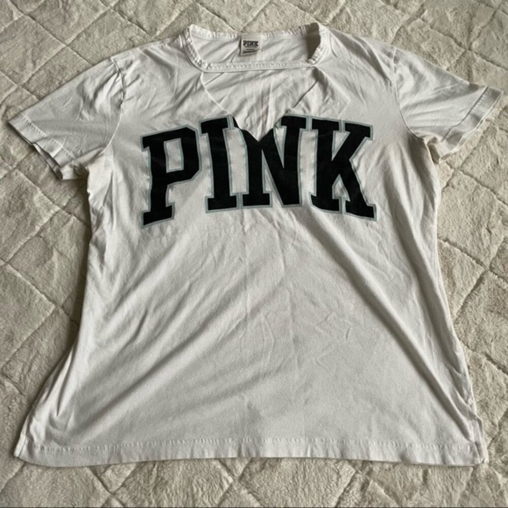 Victoria's Secret PINK | White Logo Cut Out Campus Crew Tee | Size Medium - Picture 4 of 12